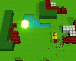 An explosion and brick shards