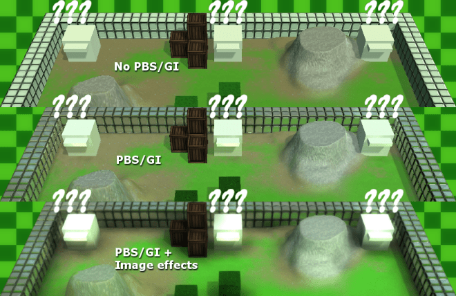 An image showing the differences between the legacy shaders and the new physically based shaders and image effects in Unity.